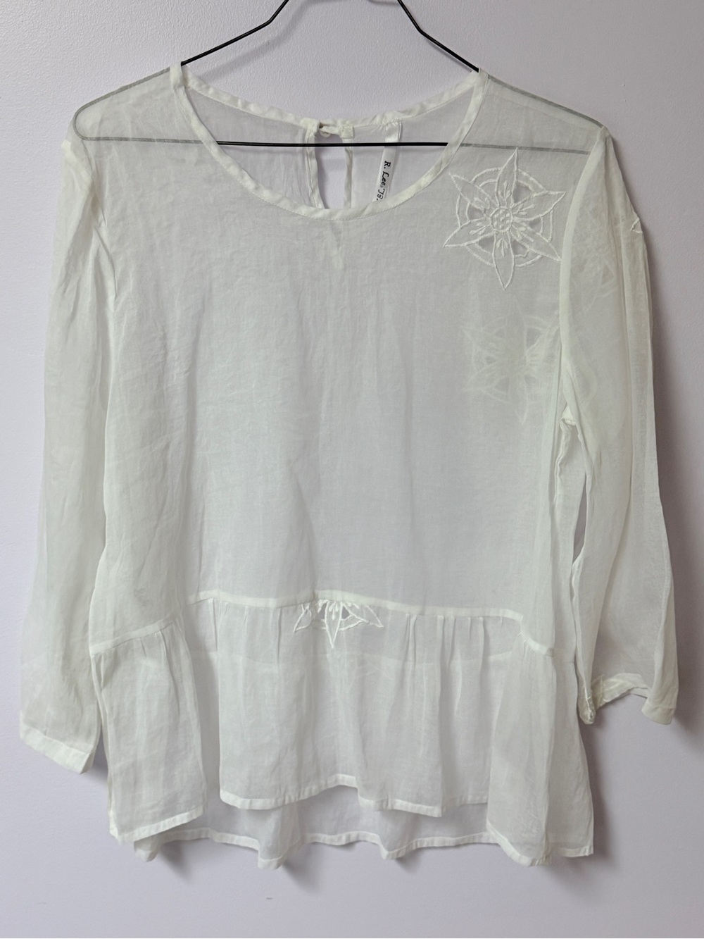 NWT Sheer White/slightly off white Embroidered Peasant Blouse by R. Lee
